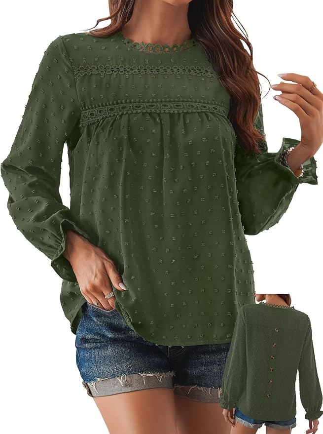Womens Boho Tops Long Sleeve Shirts For Women Cute Crewneck Blouse Dressy Casual Swiss Dot Crochet Hollow Top 2026