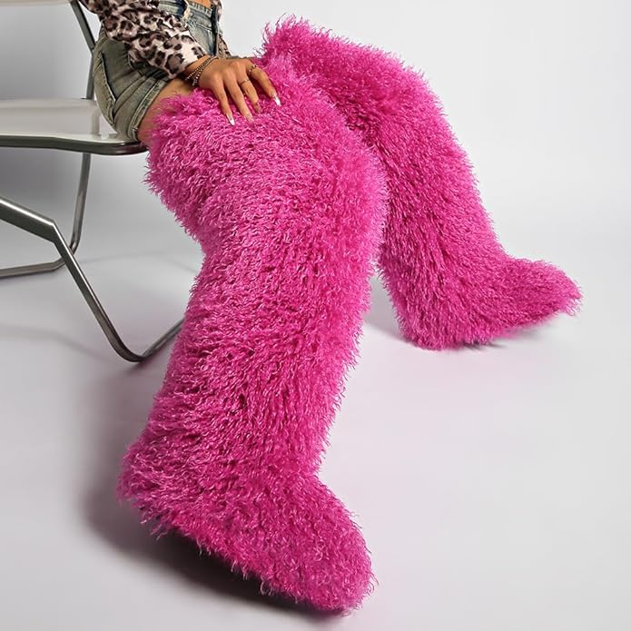 SWEETHEART BEAUTY Thigh High Shagy Teddy Fur Boots, 29 Inch Over the Knee Length Fluffy High Boots, Tall Furry Shoes For Women