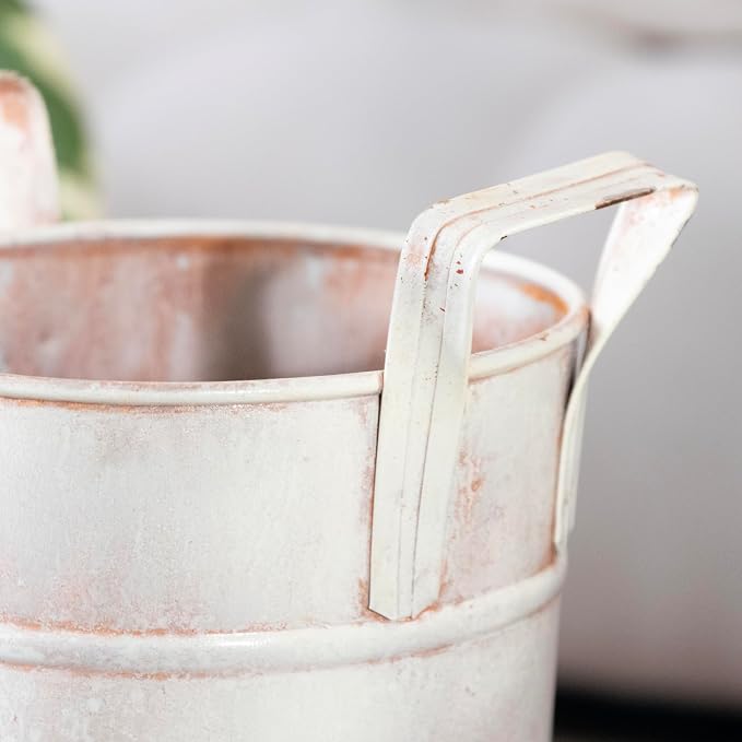 Galvanized Metal Floral Vases with Handles Set of 2 (Rustic White)