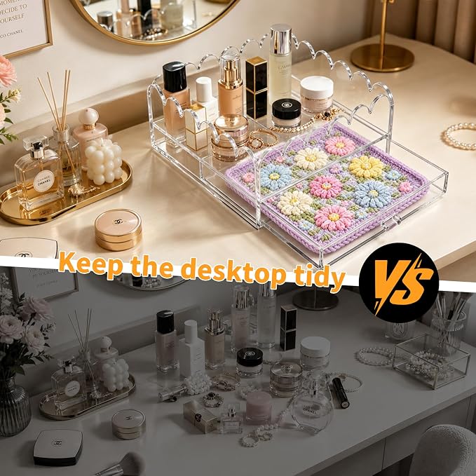 Scalloped Clear Acrylic 2-Drawer Organizer, 9" x 9" Clear Acrylic Tray for Needlepoint,Jewelry,Insert Photos, Art, Fabric, Napkin and Messages Display Basket, Decorative Tray Gift for Home Decor