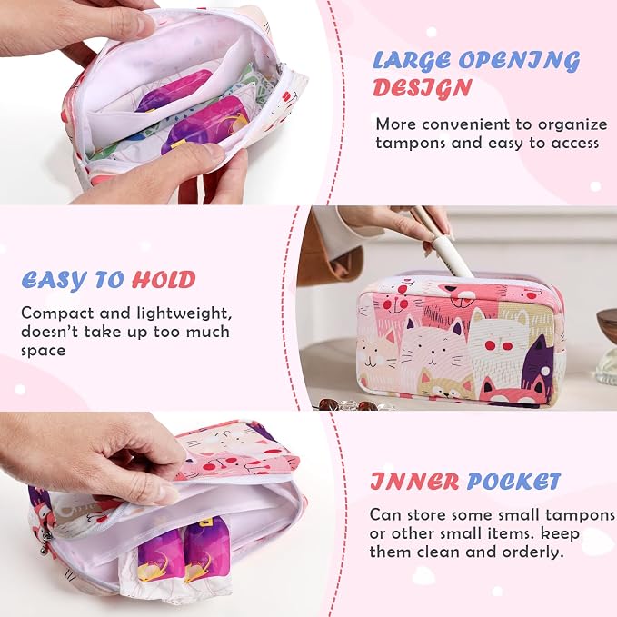 22 PCS First Period Starter Kit Gift for Teen Girls Period Bags for Teen Tweens Girls with Sanitary Pad Storage Bag, Wipes, Menstrual Tracker, Disposal Pouches and More (Cats)