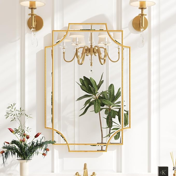 Kelly Miller 20"x30" Gold Foil Scalloped Edge Decorative Vanity Wall Mirror | Hand-Applied Gold Foil Finish. HD Mirror With French Cleat. Elegant Beveled Wall Mirror Decor For Bathroom Bedroom Entryway.