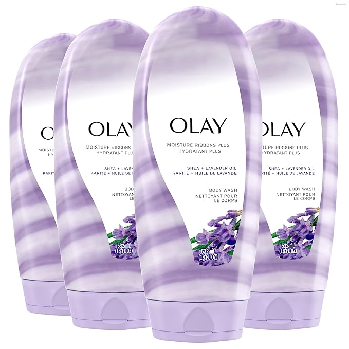 Olay Body Wash for Women, Moisture Ribbons Plus, Deep Conditioning & Moisturizing Formula, Long Lasting Smooth Soft Skin, For All Skin Types, Shea Butter & Lavender Oil Scent, 18 fl oz (Pack of 4)