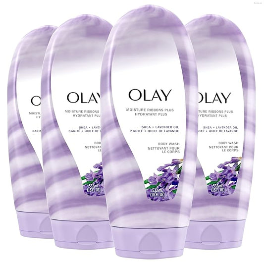 Olay Body Wash for Women, Moisture Ribbons Plus, Deep Conditioning & Moisturizing Formula, Long Lasting Smooth Soft Skin, For All Skin Types, Shea Butter & Lavender Oil Scent, 18 fl oz (Pack of 4)