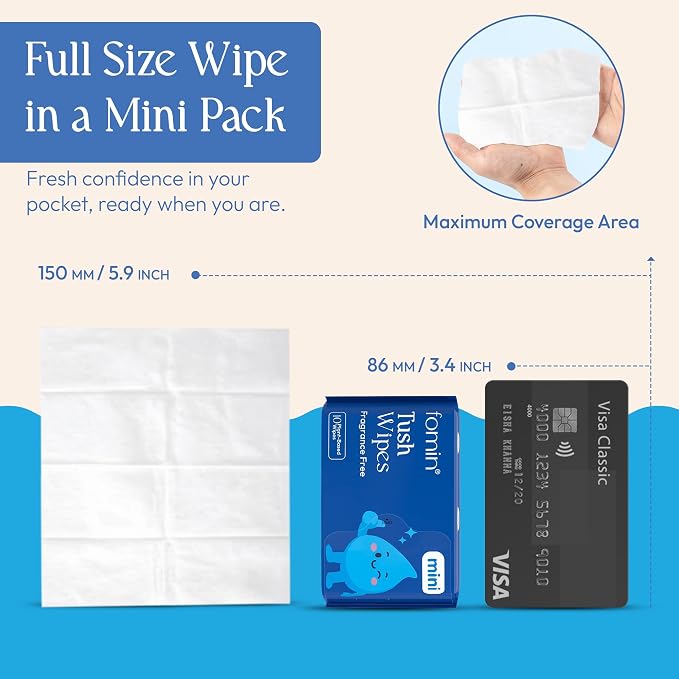 Fomin Compact Travel Flushable Wipes 30 Pack (300 Wipes Total) - Unscented Travel Size Wet Wipes for Adults - pH Balanced, Biodegradable, Plant-Based - Hypoallergenic Tush Wipes for Women & Men