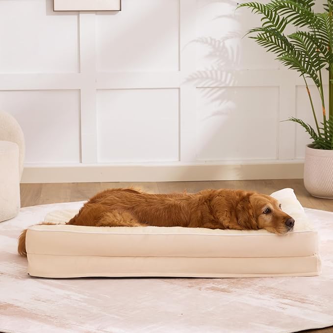 Orthopedic Dog Bed for Medium Size Dog, 36"x27"x6.5", Beige | Waterproof, Washable Cover, L-Shaped Pet Couch, Egg-Crate Foam for Pressure Relief, Portable Handle