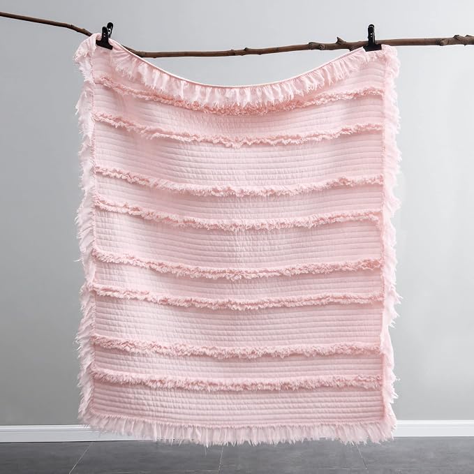Ultra Soft Pre-Washed Quilted Boho Pink King Size Blankets for Bed, Ruffle Fringed Decorative Throw, Stone Washed Chic Rustic Blanket for Sofa Couch Bed, 104"*90"