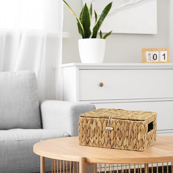 Water Hyacinth Wicker Baskets with Lids, Set of 2 | Small and Medium Storage Boxes, Shelf Organizer Bins, Rectangular Woven Design, Multipurpose Home Storage, Natural Decor