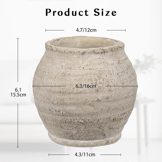 Briful Rustic Vintage Ceramic Pottery Vase, 6.1'' Farmhouse Table Decor with Distressed Texture, Wide Mouth Decorative Jar Vases for Home Decor, Shelf & Entryway, Cream White