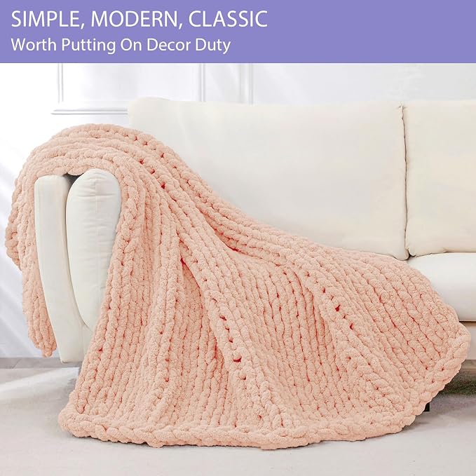 Bigacogo Chunky Knit Throw Blanket for Couch, 40x80 inches, Peach Fuzz | Hand Knit with Jumbo Chenille, Soft Breathable Cable Knit for Sofa Bed Living Room, Machine Washable, Gift for Mom Friend