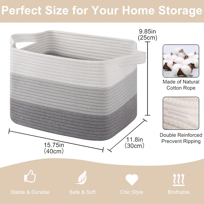 OIASKET Storage Baskets for Organizing, Woven Baskets for Shelves, Rectangle Decorative Organizer for Storage Clothes, Toy, Books, Towels Nursery Bins 3 Pack (Gradient Grey, 15.75"x11.8"x9.85")