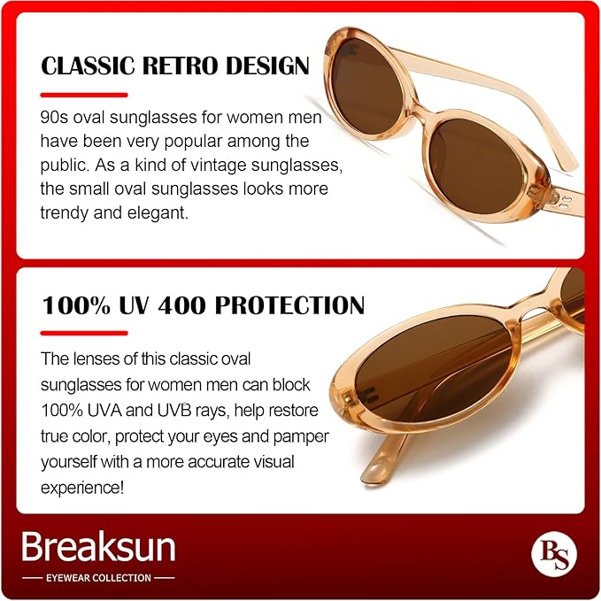 Breaksun Retro Oval Sunglasses for Women Men Fashion Small Oval Sunglasses 90s Vintage Shades