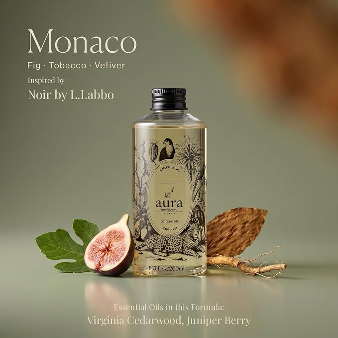 A U R A - Monaco Fragrance Oil for Waterless Scent Diffuser - Inspired by L.Labo-Noir | (6.7 fl oz, 200 ml) Pure Essential Oil Blends for Aromatherapy Diffuser & Hotel Collection Oil Diffuser