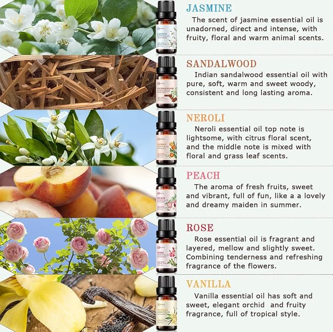 Essential Oil Set 6x10ML - 100% Pure Organic Plant Oil for Diffuser Massage Aroma Spa Yoga Perfume - Rose, Jasmine, Sandalwood, Vanilla, Neroli, Peach