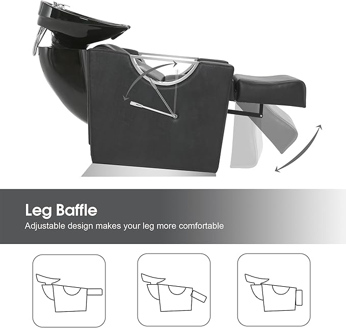 BarberPub Ceramic Bowl Shampoo Chair Extended Ceramic Shampoo Bowl Sink Chair Station for Spa Beauty Salon Professional Hair Salon Equipment 9073 (Black)