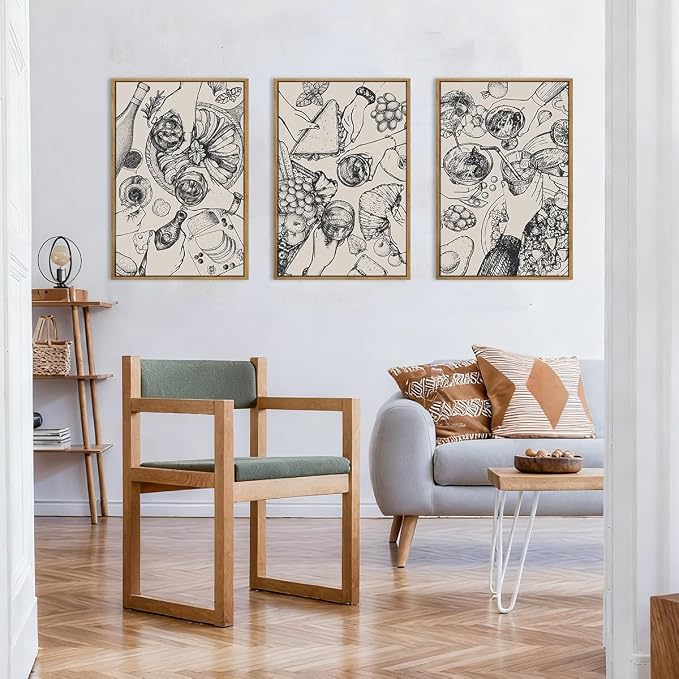 BINCUE Framed Food Wood Wall Art Set of Three Modern Cheers Kitchen Wall Decor Abstract Friends Party Art Print for Kitchen Dining Room Living Room 16x24 Inch