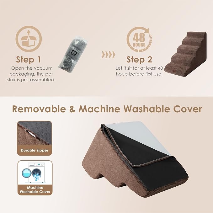 EHEYCIGA Curved Dog Stairs Ramp, 5-Step High Beds, 22.6" H Pet Step | 33D density of pure foam, for Small Dogs and Cats, Pet Stairs for High Bed Climbing, Non-Slip Balanced Indoor, Brown