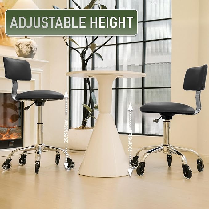 Rolling Stool Chair with Wheels, Height Adjustable Stool with Back Support, Heavy Duty Rolling Shop Chair with PU Leather Seat Cushion for Salon Spa Massage Kitchen Vanity Garage Tattoo Dentist(Black)