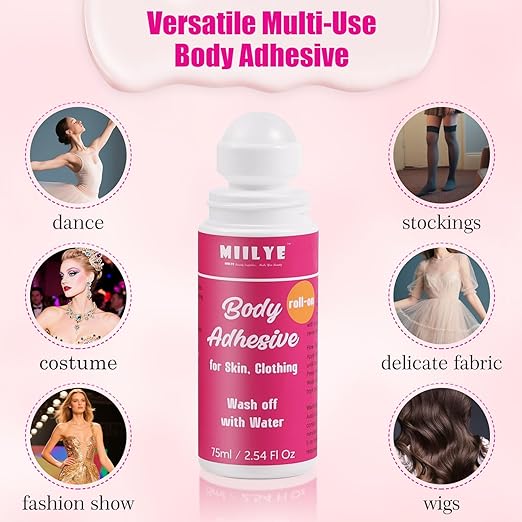 Body Adhesive Roll-On for Skin & Clothing 2.54 Oz-Sweat Resistant, Water Wash Off- Fashion Adhesive for Dancers, Socks, Stockings, Leotards, Bras, Wigs, Costumes