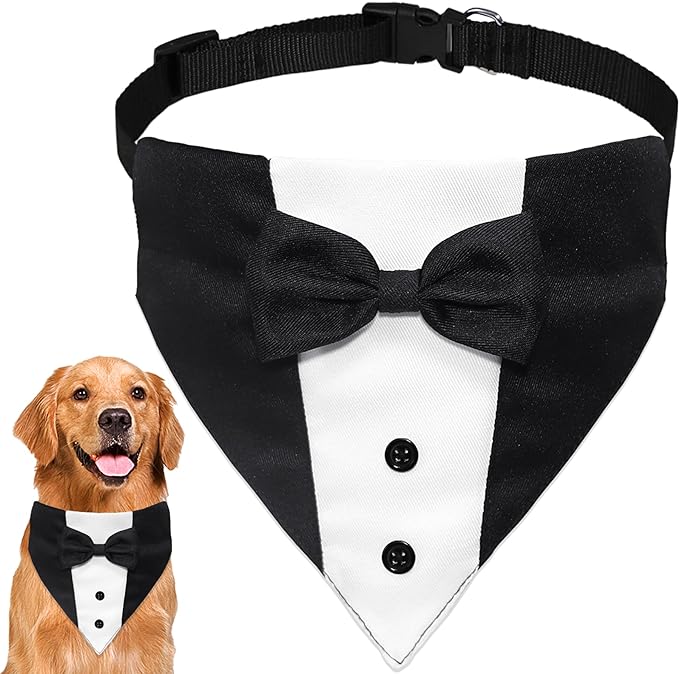 GOYOSWA Dog Tuxedo Suit Wedding Bandana Collar with Bow Tie, Adjustable Formal Dog Tux, Engagement Birthday Tuxedo for Small Medium Large Dogs Pets (Large: Neck 15”-25”)