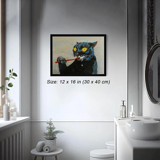 ICHZUMW Framed Funny Black Cat Bathroom Decor Canvas Wall Art, 12x16 Inches | Quirky Black Cat Brushing Teeth Painting, Humorous Bathroom Wall Decor, Restroom Powder Room, Fade Resistant, Ready to Hang