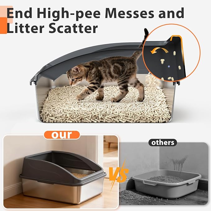 AIPERRO Stainless Steel Litter Box | Metal Litter Box with Lid for Kitty | High Sided, Low Entry for Small Cats or Injured Cats | Bunny Litter Boxes | Odor-Free & Non-Stick | Includes Litter Cat Scoop