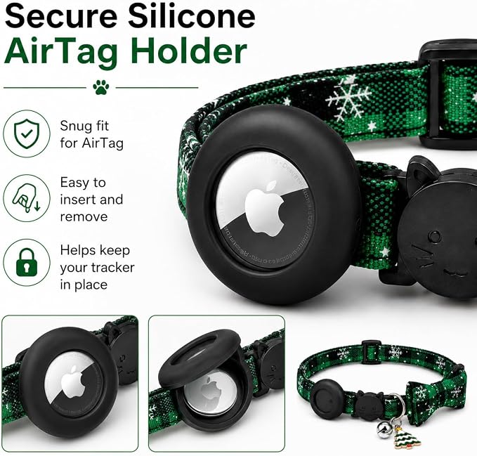 Cat Collar Breakaway 2packs, Reflective Kitten Collar with Apple Air Tag Holder and Bell for Girl Boy Cats, 0.4 Inches in Width and Lightweight (Red and Green)