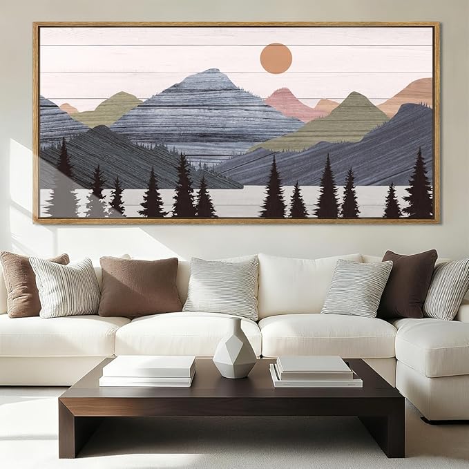Framed Mountain Wall Art Pine Tree Forest Wall Decor Modern Mountain Range Painting 20x40 Inch for Living Room Bedroom Dining Room