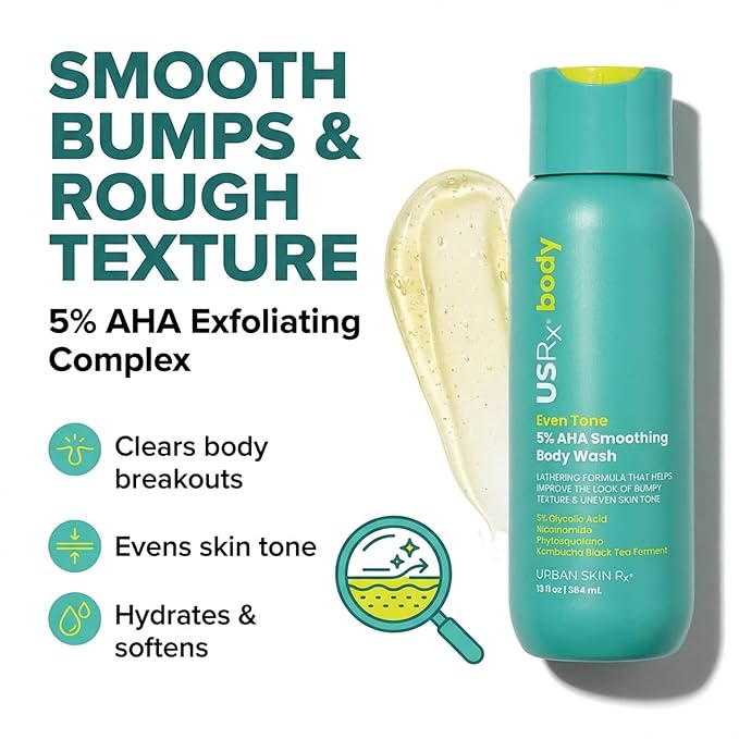 Urban Skin Rx Even Tone 5% AHA Smoothing Body Wash, Lathering Gel Formula, Deeply Cleanses, Soothes & Improves Appearance of Bumpy Texture, Blemishes & Uneven Skin Complexion, Daily Use, 13 Fl Oz