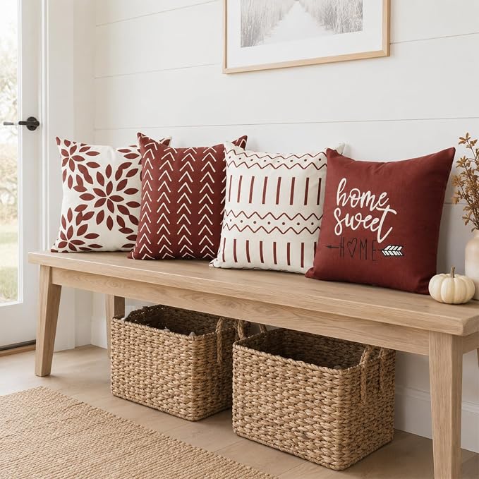 YCOLL Rust Linen Pillow Covers 20x20 Set of 4, Home Sweet Home Farmhouse Throw Pillow Covers, Holiday Decorative Cushion Covers for Sofa Couch Bed, Autumn Rustic Fall Decor