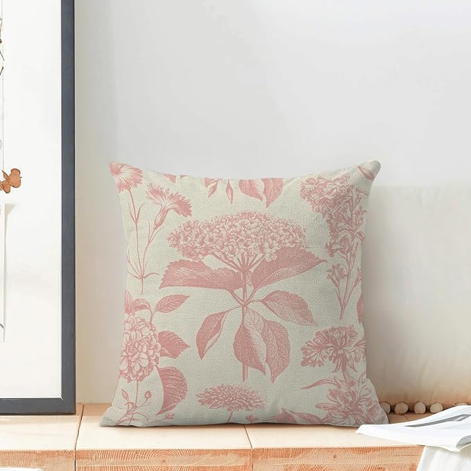Floral Pillow Covers 18x18 Set of 2 Vintage Pink Hydrangea Herb Botanical Throw Pillow Cover Outdoor Decoration Boho Flower Pillowcase Farmhouse Decorative Cushion Case for Home Sofa Couch