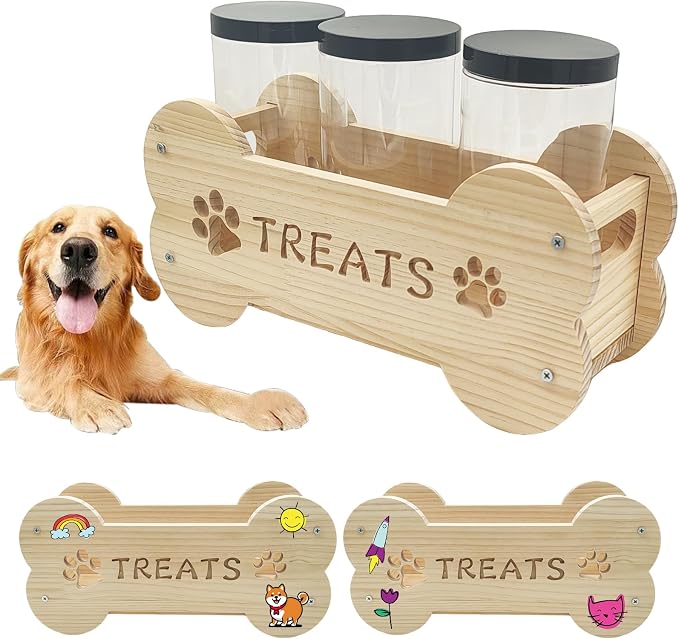 Dog Treat Storage Containers with 3 Plastic Jars Wooden Pet Food Dispenser DIY Painting on Wood for Dogs Puppies Food Storage Solution Kitchen Space-Saving and Gift for Dog Owners