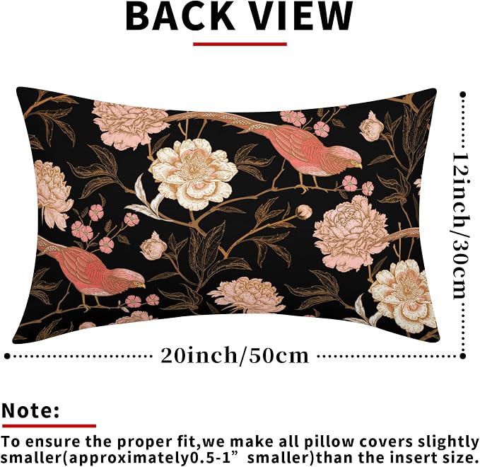 Pink White Roses Floral Lumbar Pillow Covers 12X20 Inch Set of 2 Retro Flowers Birds Gold Leaf Decorative Pillow Cases Art Vintage Black Cotton Linen Cushion Case Home Decor For Sofa Porch Outdoor