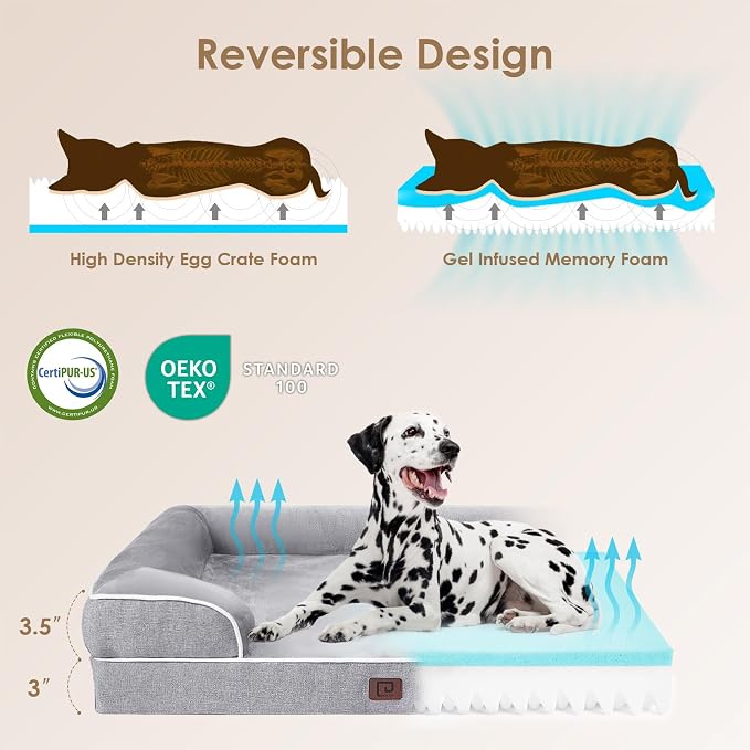 EHEYCIGA Orthopedic XXL Dog Bed, Waterproof Washable XL Big Pet Bed 52" | Non-Slip Bottom and Egg-Crate Memory Foam Extra Large Pet Couch Bed with Washable Removable Cover, Grey