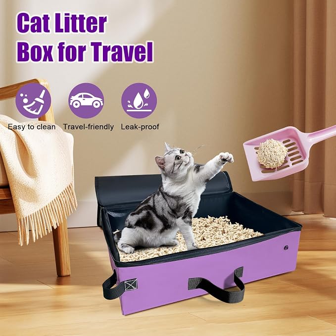 Large Portable Cat Travel Litter Box with Lid,Silicone Folding Bowl & Little Scooper, Leak-Proof and Foldable Travel Cat Litter Box for Hotels, Car and Camping, Odor-Free & Waterproof, 20x14x6.5''