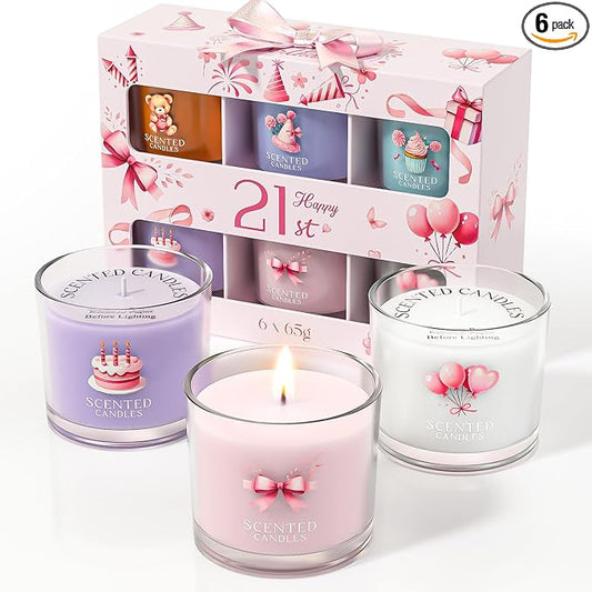 CHILLFLAME 21st Birthday Gifts for Girls, Birthday Candle Gift Set for Her, 6 Scented Votive Candles, Candles Gifts for Women/Men (6 Color, 14 oz)