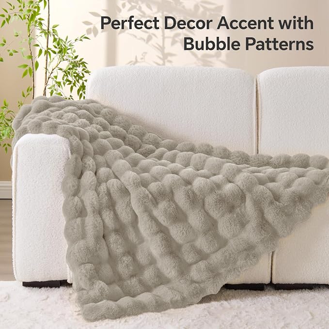BEDELITE Faux Fur Throw Bubble Blanket for Couch, 60" x 80", Linen | 870GSM Soft Cozy Plush Blanket for Sofa & Bed Living Room Decor, Warm Fuzzy Faux Rabbit Fur for Women Gift, All Season Use