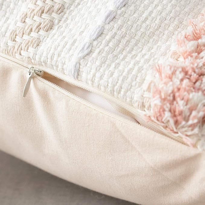 Boho Throw Pillow Covers Tufted Decorative Pillows Cover for Couch Bed Small Lumbar 12 x 20 inch Pillow Cover, Modern Accent Farmhouse Neutral Throw Pillow Case, Pink | Boho tufted lumbar pillow cover, blush pink accent for couch, bed and dorm decor