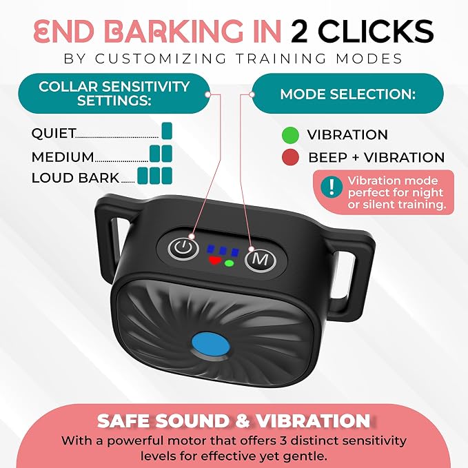 Bark Collar for Small/Medium Dogs, No Shock Anti Bark Collar, Rechargeable Anti Barking Collar w/2 Vibration & Beep Modes, Waterproof Shockless Smart Dog Stop Barking Control Device (Black)