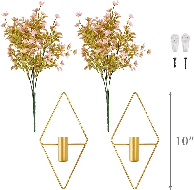 Yorkmills Plant Wall Decor Gold Hanging Vase with Pink Artificial Flowers | Diamond Metal Wall Planter Decorations Set of 2, Fake Plant Home Wall Decor for Living Room, Dining Room, Bedroom, Bathroom