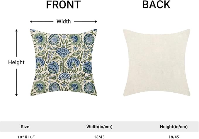 Block Print Pillow Covers 18x18 Inch Pack of 2 Boho Blue Sage Green Floral Decor Throw Pillow Covers Spring Summer Flower Pillowcase Outdoor Farmhouse Decorative Cushion Cover for Couch Sofa