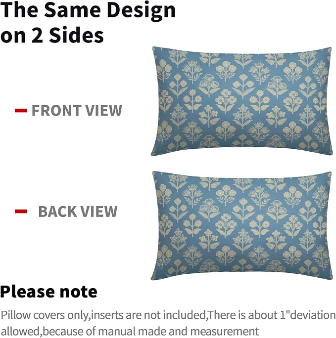 Light Blue Pillow Covers 12x20 Inch Set of 2, Cream Floral Block Print Pattern Lumbar Decorative Throw Pillowcases Outdoor Farmhouse Rectangle Cushion Covers Spring Summer Sofa Couch Bed Decor