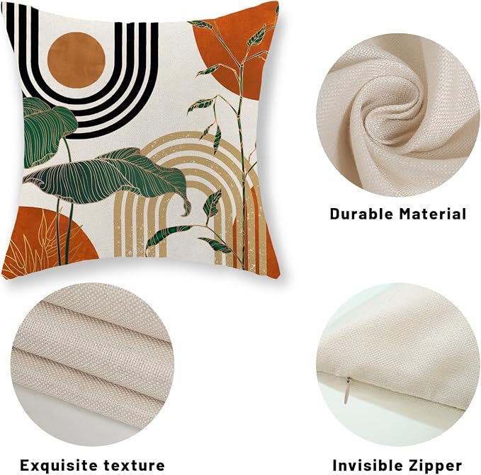 Boho Orange Pillow Covers 18x18 Set of 2 Green Gold Leaf Tropical Mid Century Throw Pillows Outdoor Bohemian Modern Decorative Pillowcase Farmhouse Linen Cushion Case for Couch Sofa Decor