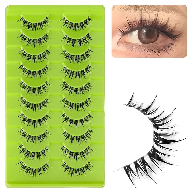 outopen 10 Pairs Manga Lashes Natural Look False Eyelashes Wispy Spiky Anime Lashes Korean Japanese Asian Style Cosplay Fake Eyelashes with Clear Band