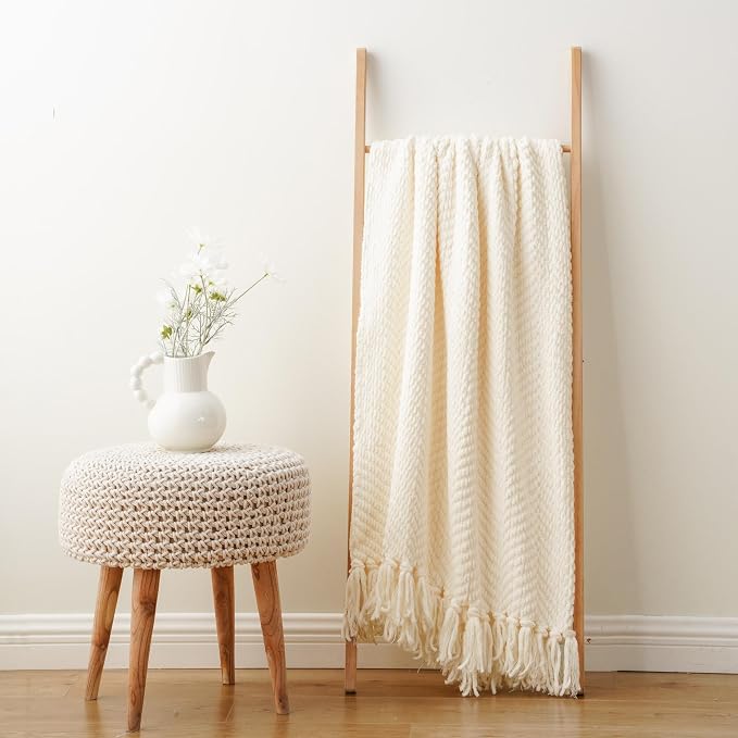 BATTILO HOME Cream Ivory Throw Blanket for Couch, 60"x80" | Textured Knitted Throw Blanket with Tassels, Couch Cover Blanket Warm Decorative White Throw Blankets for Sofa Living Room
