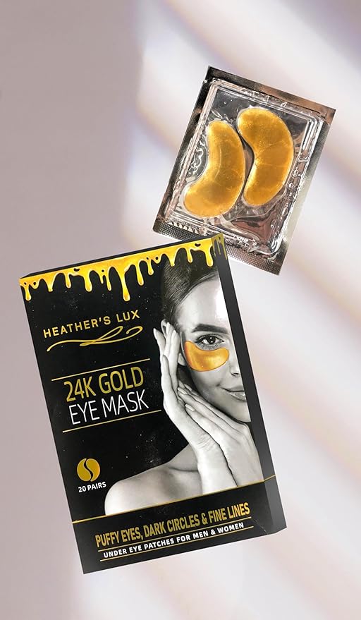 Heather's Lux 24K Gold Eye Masks Under Eye Patches Eye Gels for Dark Circles, Puffy Eyes, Puffiness, Wrinkles, Fine Lines, Rejuvenating, Hydrating, Anti-Aging (20 Pairs per Box)