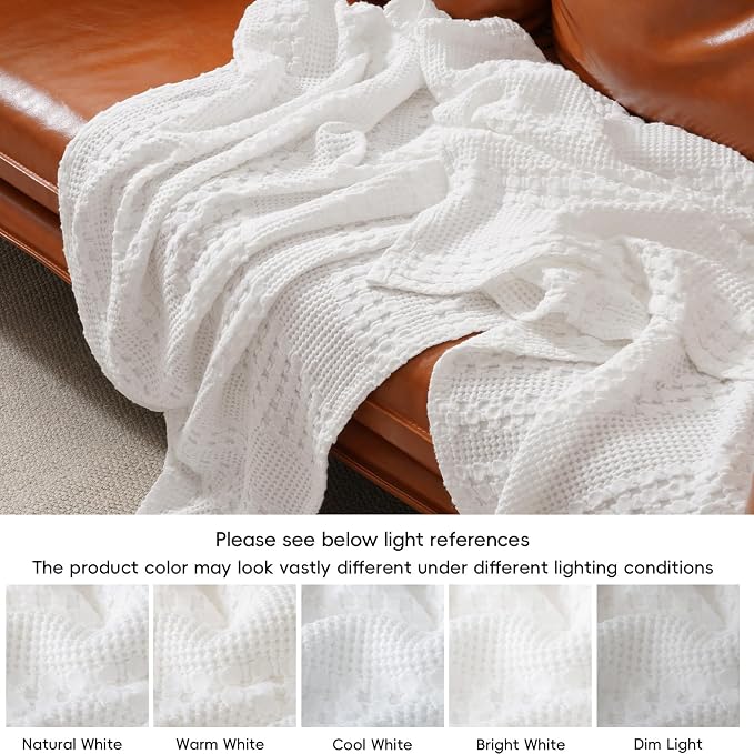 PHF 100% Cotton Waffle Weave Blanket King Size, Lightweight Breathable Summer Blanket for Hot Sleepers, Pre-Washed Soft Layer for Bed, Couch, Home Decor Gift, 108"x90", White