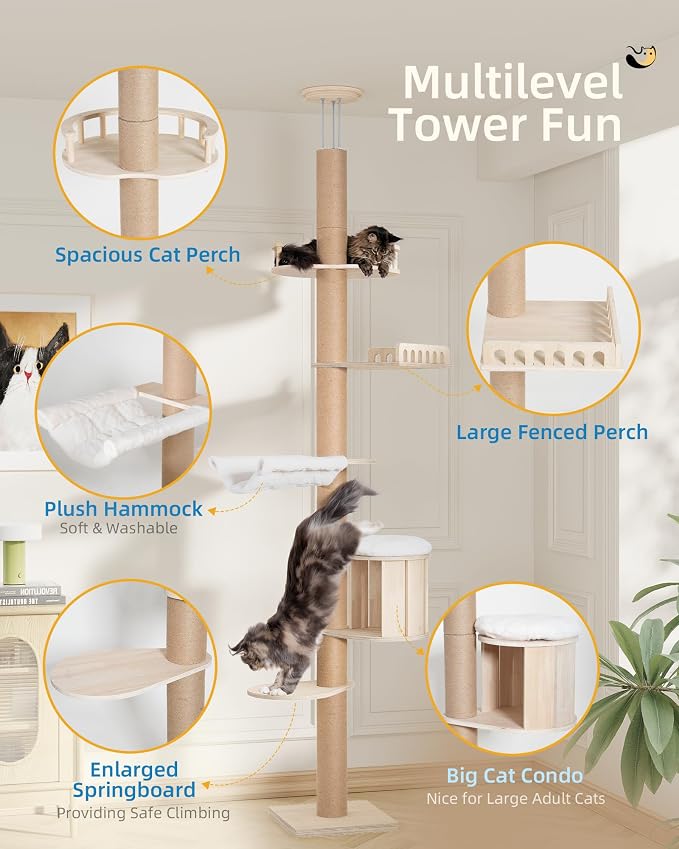 Aechonow 10.2ft Floor to Ceiling Cat Tree for Large Cats, Tall Cat Tower | with Scratching Post, Adjustable Height(82-122 in), Large Condo Cave Bed Hammock for Indoor Cats, Wood