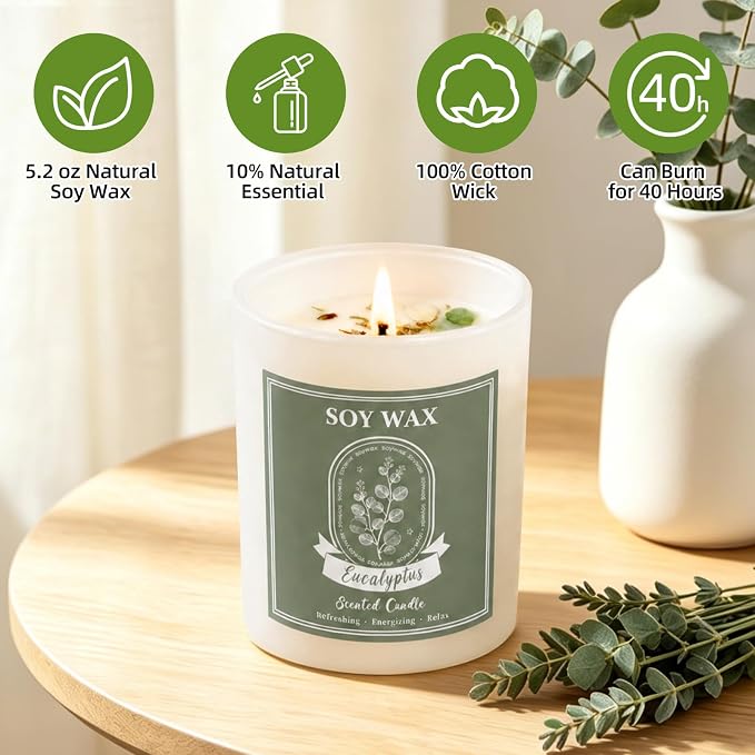 Scented Candle, Candles for Home Scented, 5.2 oz Soy Candles for Aromatherapy, Natural Hand-Poured, Relaxing Eucalyptus Scent, Gift for Women Mom (Eucalyptus)