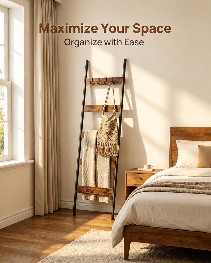 HOOBRO Blanket Ladder, 5-Tier Towel Rack with Hooks, Wall-Leaning Blanket Rack, Decorative Display Ladder Shelf, for Scarves, Industrial, Living Room, Bedroom, Rustic Brown and Black BF52CJ01